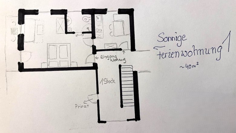 Sketch floor plan sunny vacation apartment, © Grasberger