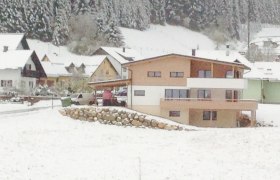 Modernes Haus im Schnee mit umliegenden Geb&auml;uden und Wald im Hintergrund.