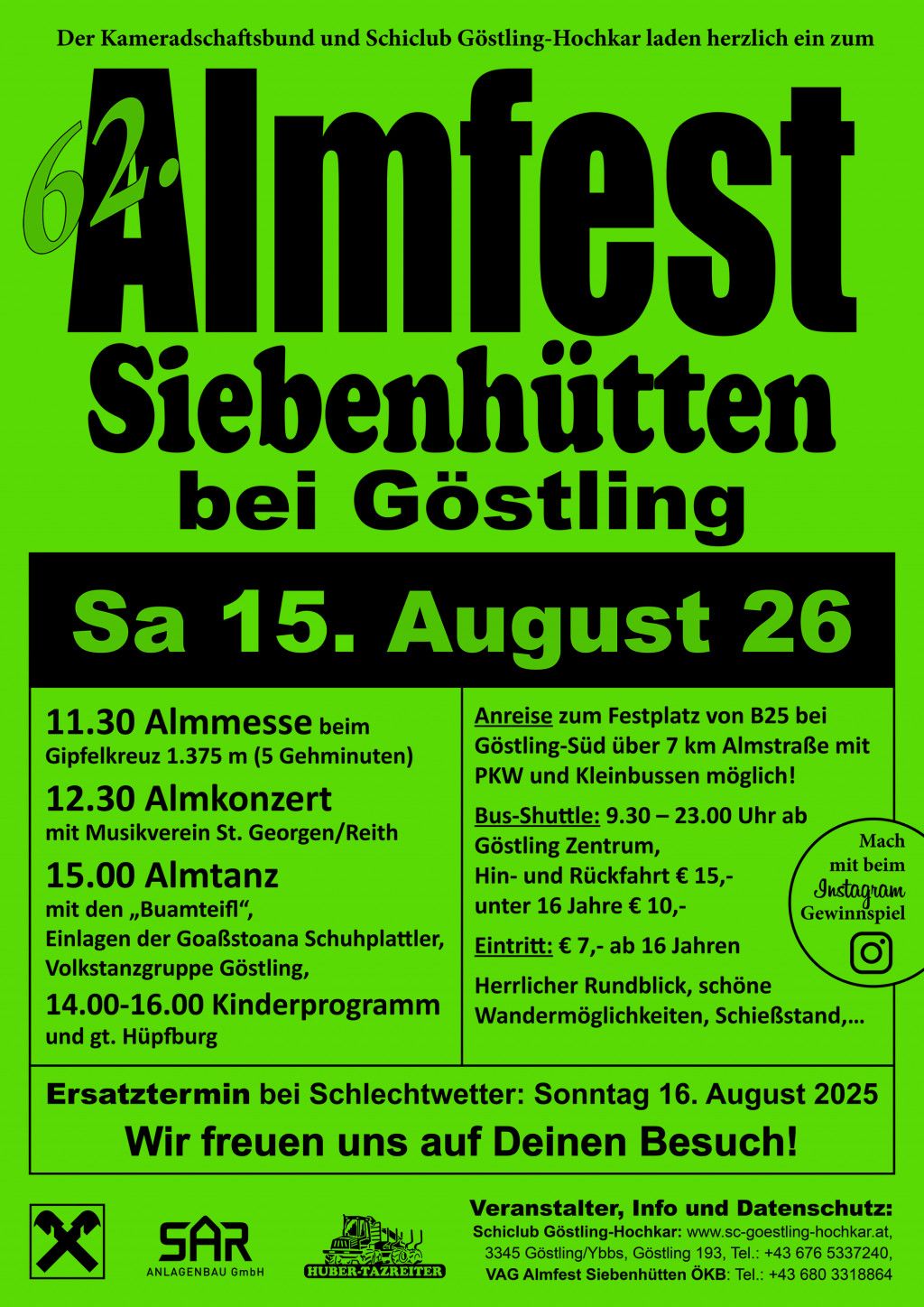 Plakat für 62. Almfest Siebenhütten am 15.8.2026