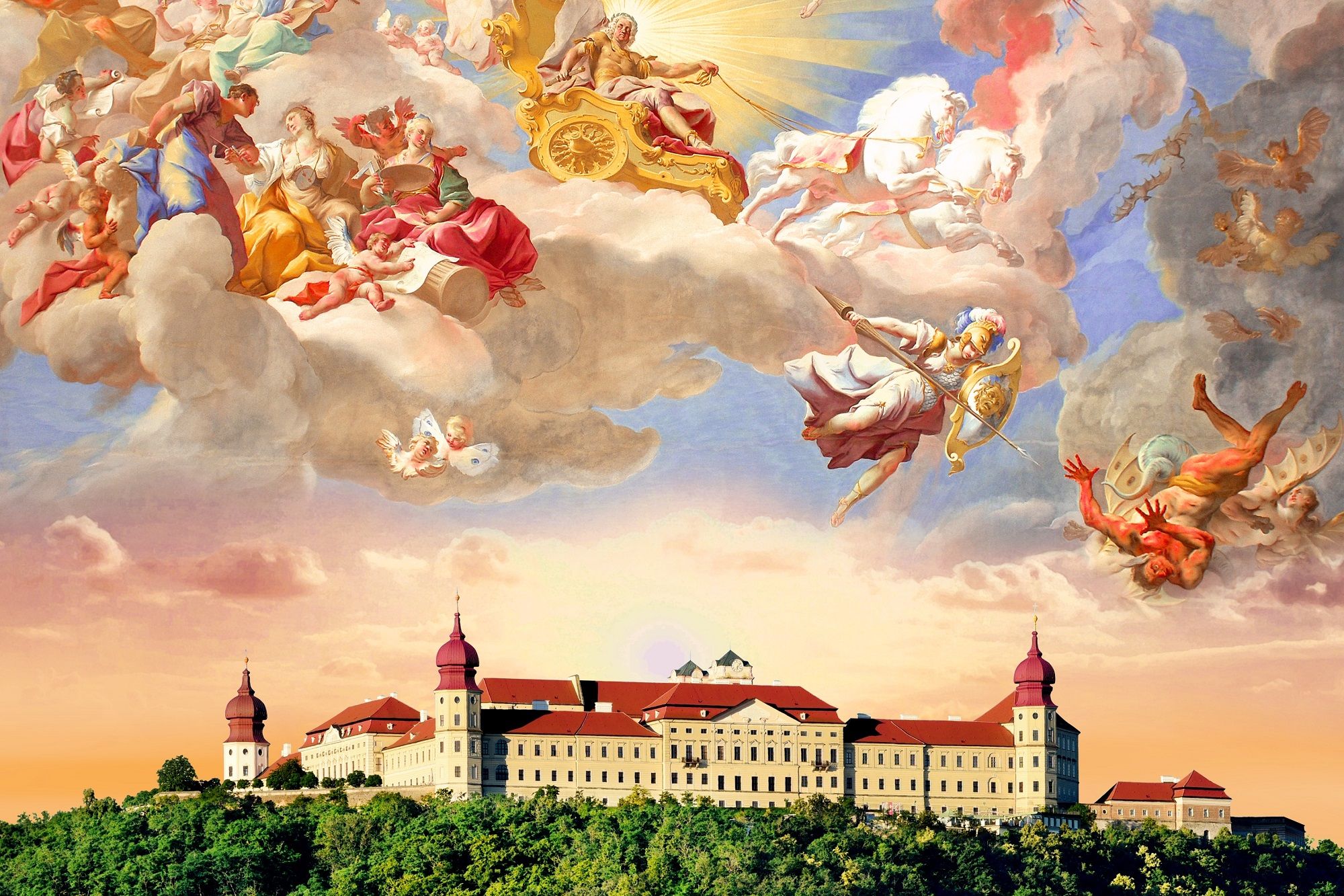 Barocke Deckenmalerei über Benediktinerstift Göttweig.