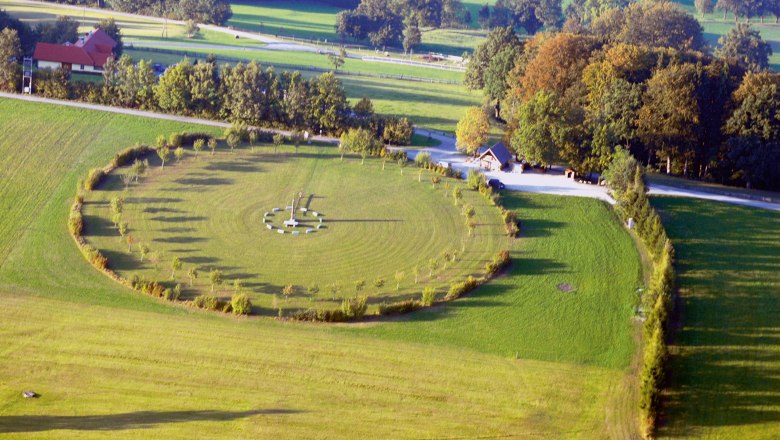 Aerial view of the solstice circle in Steinakirchen, surrounded by trees and meadows.