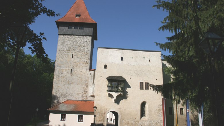 Schloss Ulmerfeld, © Stadtgmeinde Amstetten Schloss Ulmerfeld mit Turm und Eingangstor, umgeben von Bäumen und Fahnen.