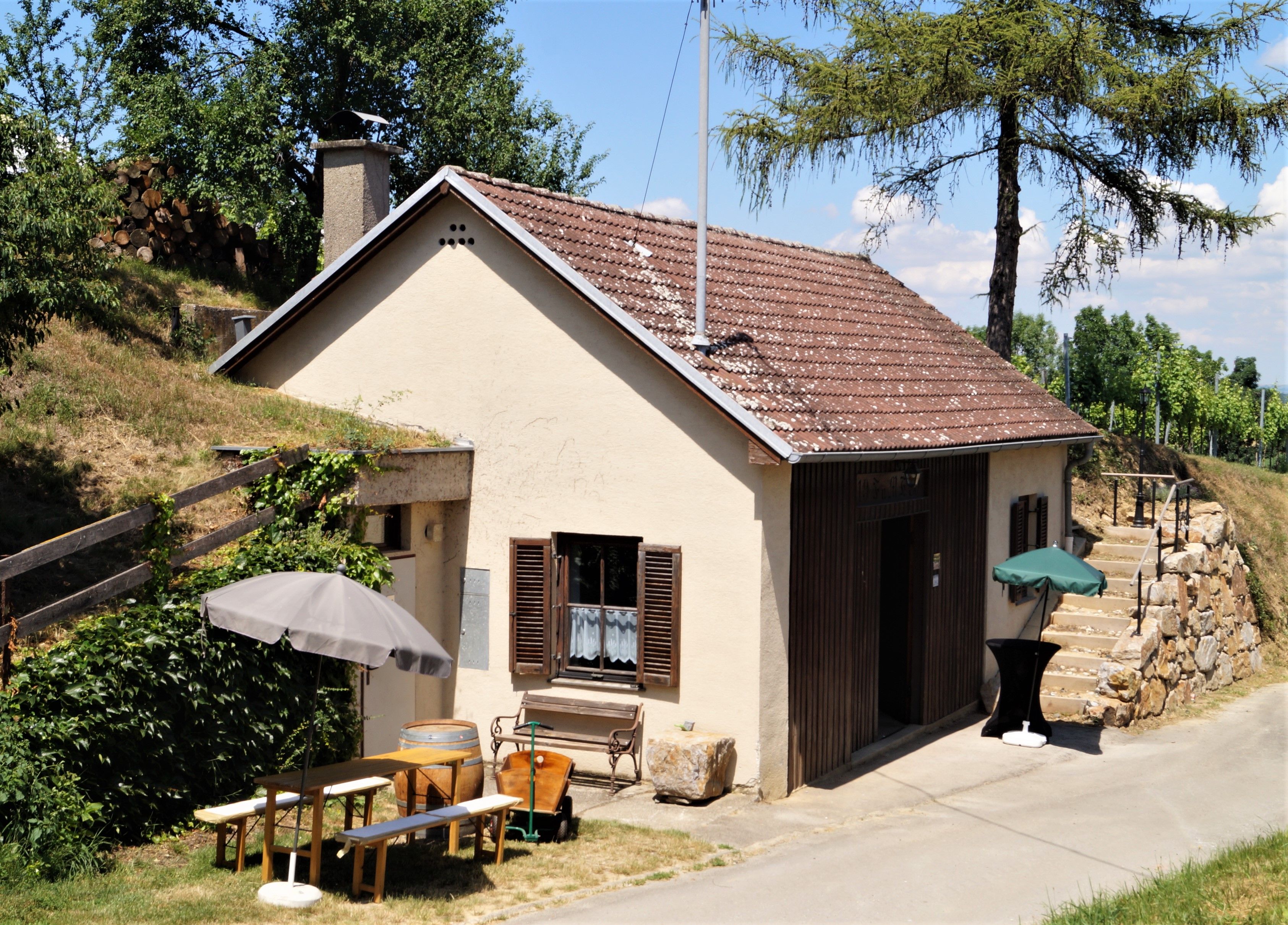 Kleines Presshaus mit Holztisch und Sonnenschirm davor, umgeben von Bäumen und Weinbergen.