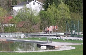 Natural swimming pool with jetty, surrounded by trees and a building in the background.
