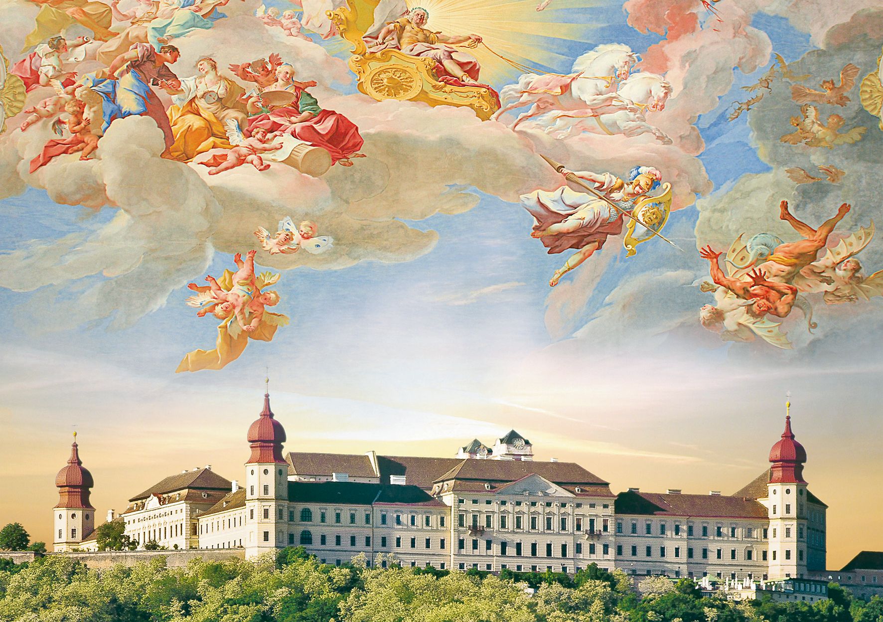 Barocke Deckenmalerei über Benediktinerstift Göttweig.
