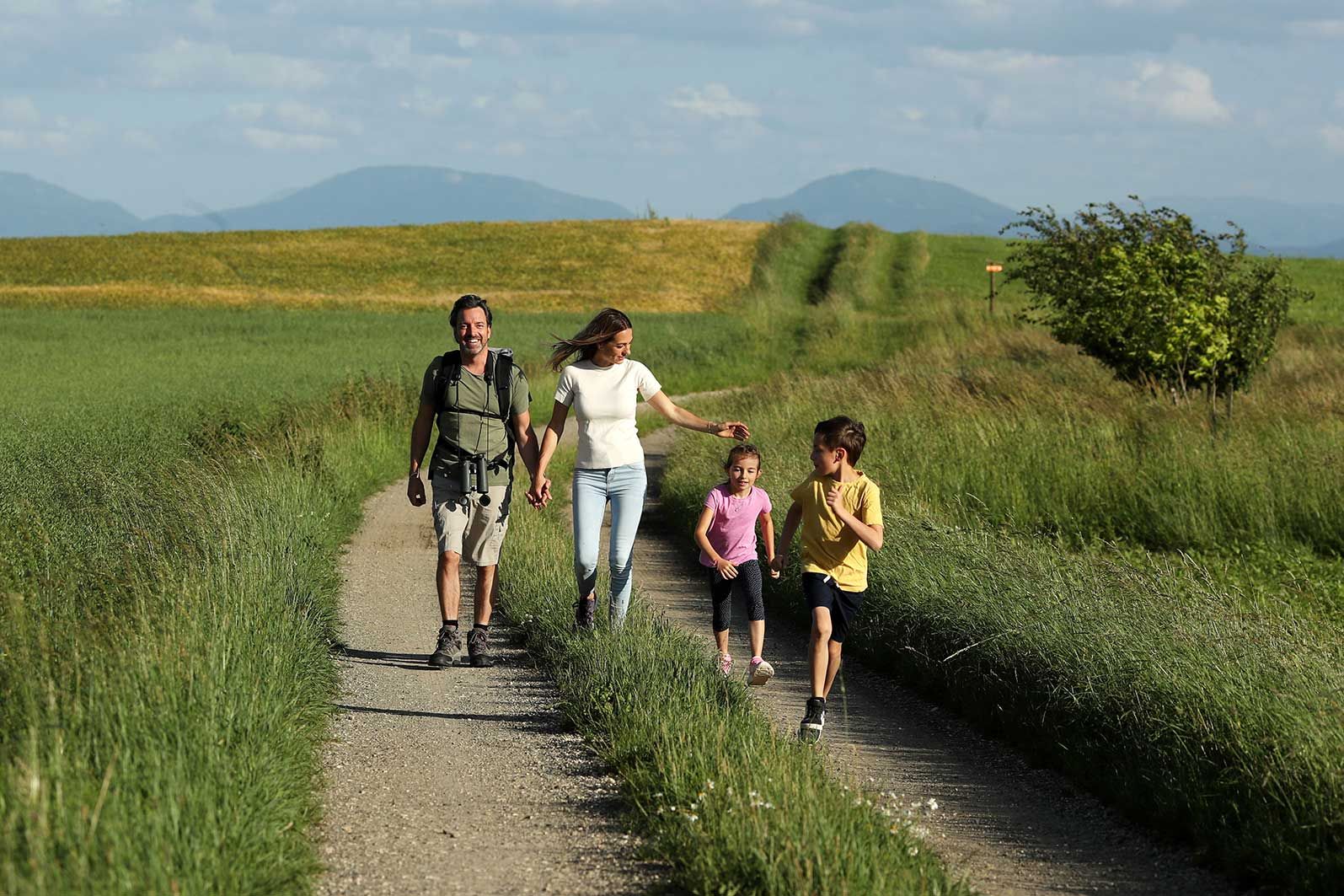 Familie wandert auf Feldweg der Dunkelsteinerwald-Runde zwischen Feldern und Wiesen auf uns zu. In der Ferne Hügel und Berge.