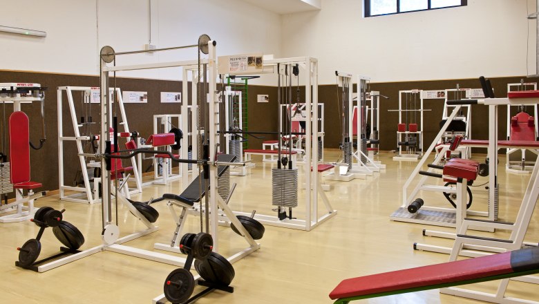 Fitnessstudio mit verschiedenen Trainingsger&auml;ten und roten Polstern.