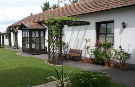 Gepflegter Garten ,ot vielen Topfpflanzen und die Eingangstüren zu den Wohnungen.