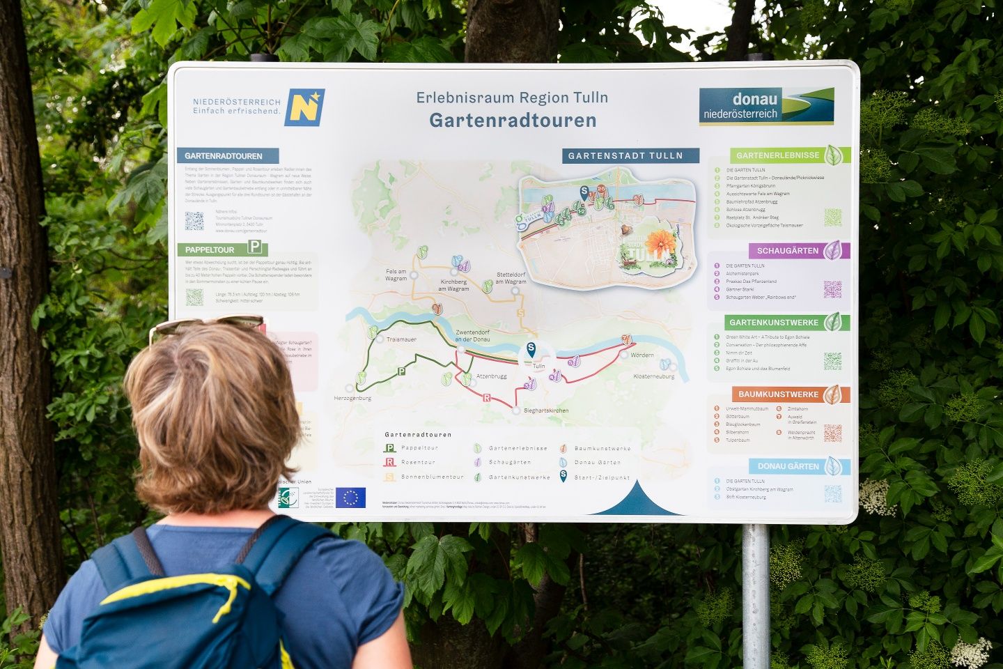 Eine Person betrachtet eine Infotafel über Gartenradtouren in der Region Tulln, Niederösterreich, mit einer Karte und Informationen zu verschiedenen Routen.