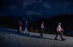 Im sanften Licht des Mondes gleiten Wanderer durch die verschneite Winterlandschaft, während die Stille der Nacht eine friedliche Atmosphäre schafft. Die schneebedeckten Bäume und der glitzernde Schnee unter den Schneeschuhen laden zu einem unvergesslichen Abenteuer ein.