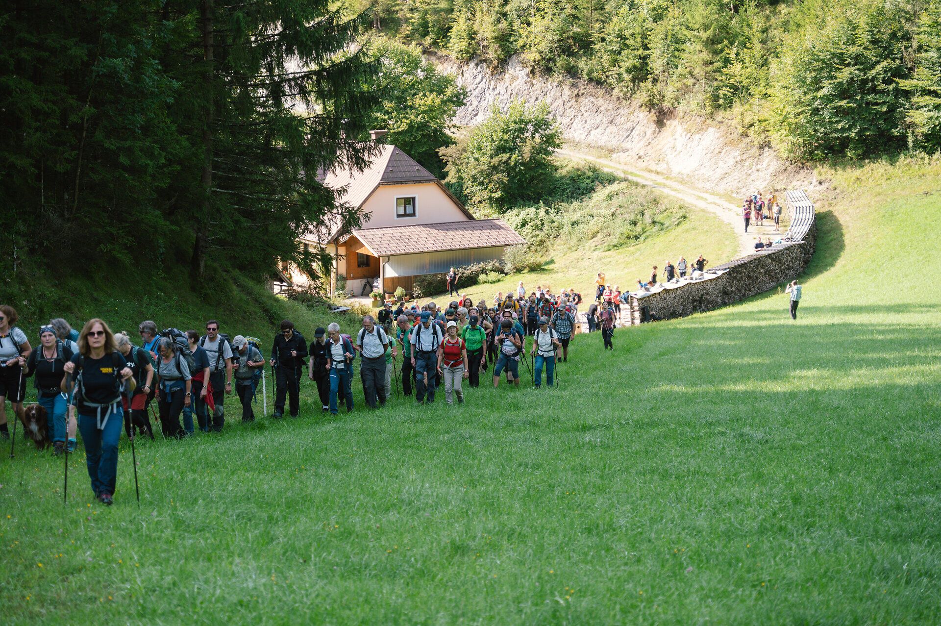 Wanderung zur Reisalpe im Rahmen der Gipfelklänge.
Gruppen wandern gemeinsam bergauf, begleitet von Musik und Vorfreude auf das Konzert am Gipfel.