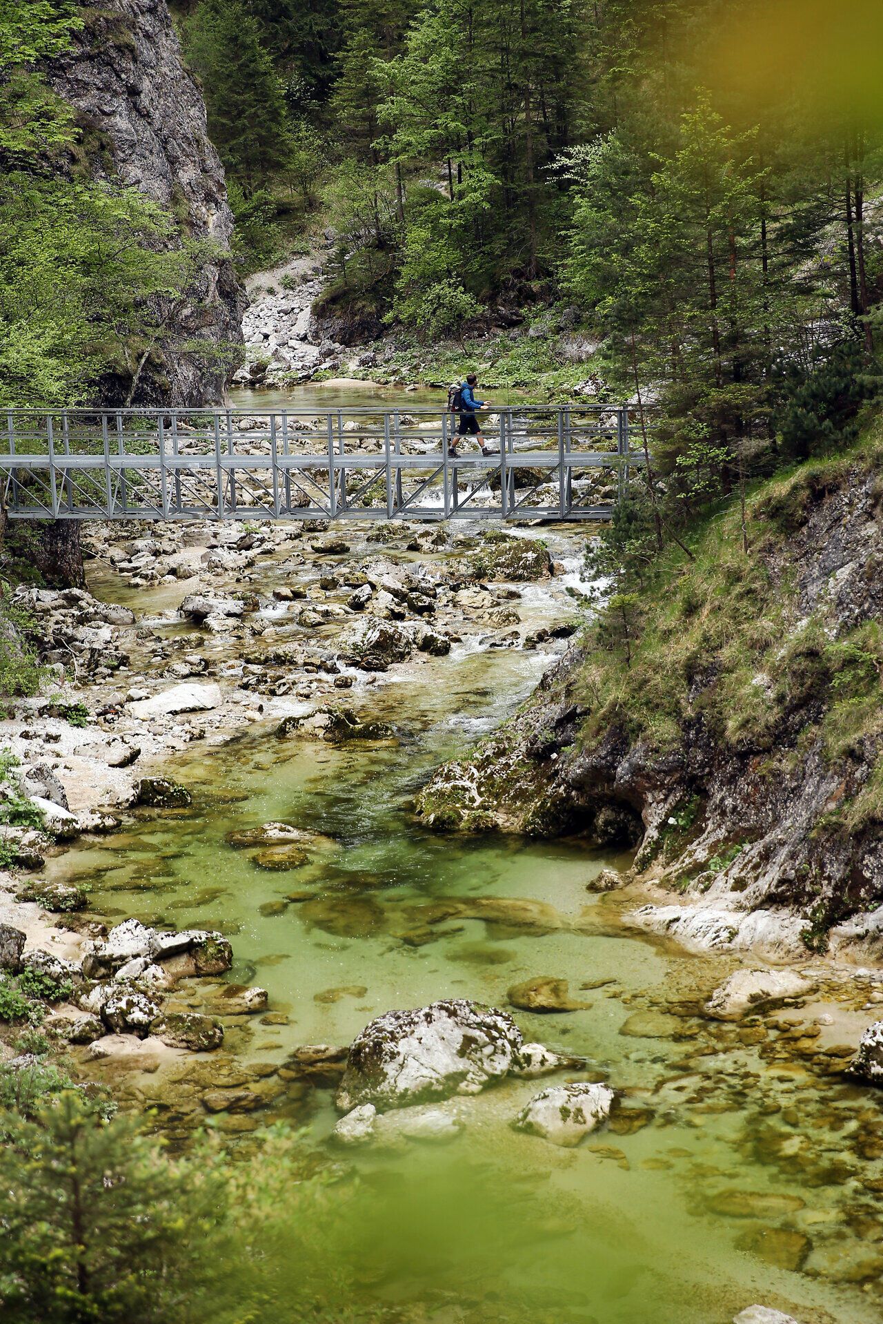 Ein malerischer Wanderweg führt über eine Holzbrücke, die sanft über das glitzernde Wasser eines klaren Baches schwingt. Umgeben von üppigem Grün und majestätischen Felsen, lädt die ruhige Atmosphäre dazu ein, die Schönheit der Natur in vollen Zügen zu genießen.