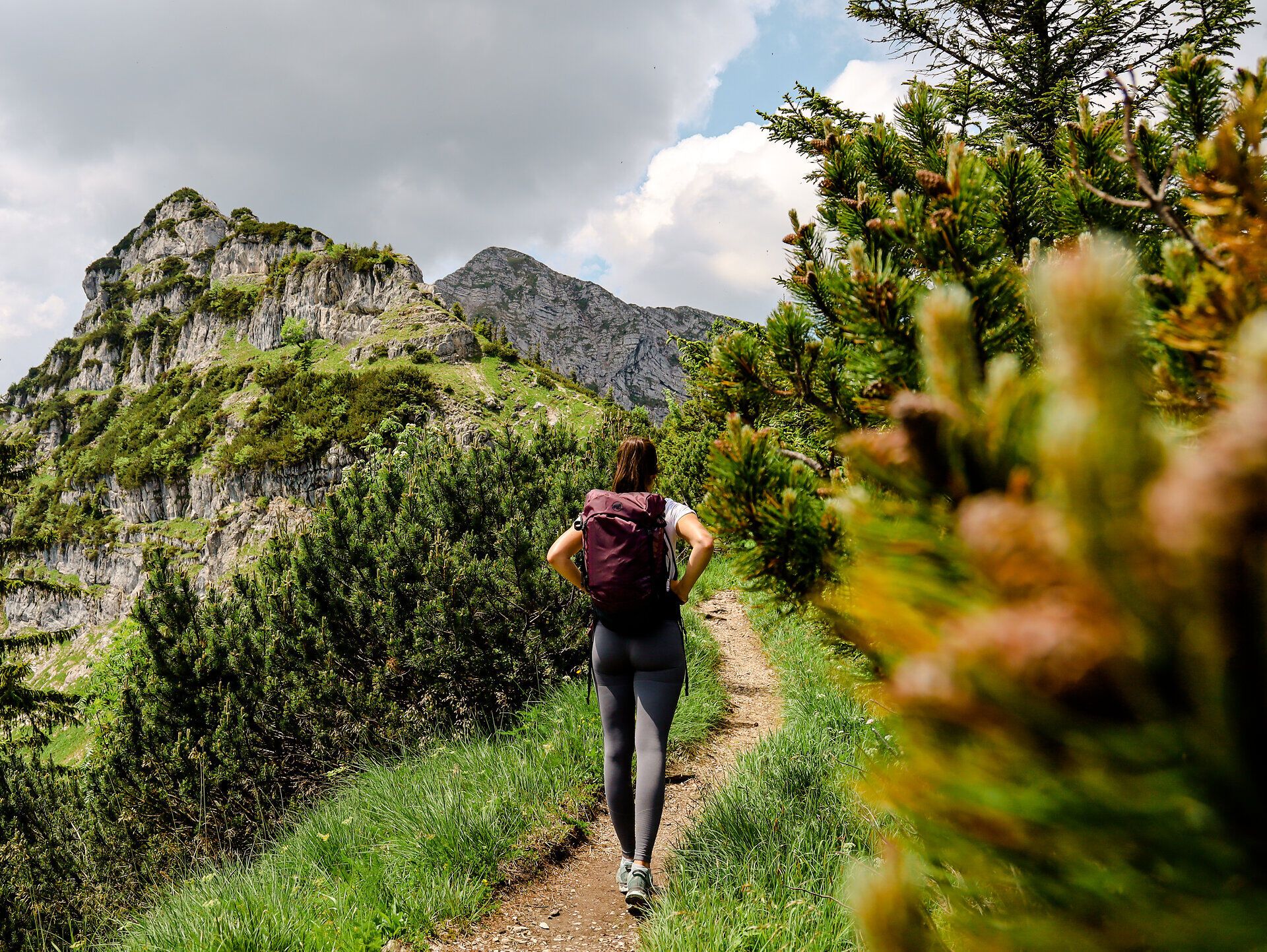 Ein malerischer Wanderweg schlängelt sich durch die üppige alpine Landschaft, umgeben von majestätischen Bergen und dichten Nadelwäldern. Die frische Bergluft und das sanfte Rauschen der Blätter laden dazu ein, die Natur in vollen Zügen zu genießen.